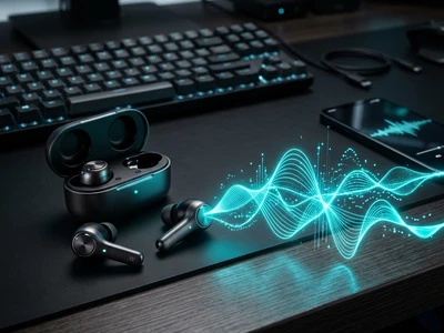 Wireless earbuds with soft purple sound waves
