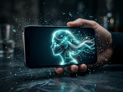 Smartphone showing a glowing abstract portrait in purple light